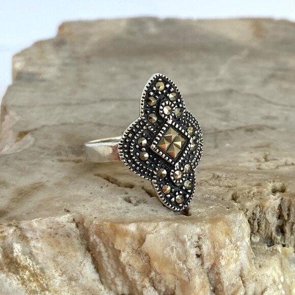 VTG Sterling Silver 925 Oxidized Art Deco Style Marcasite Band Ring Sz 6.75 - Picture 4 of 16